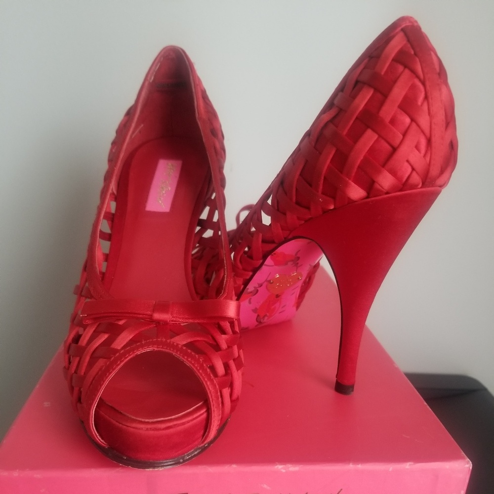 Betsey Johnson Jalia Red Satin Lattice Heels